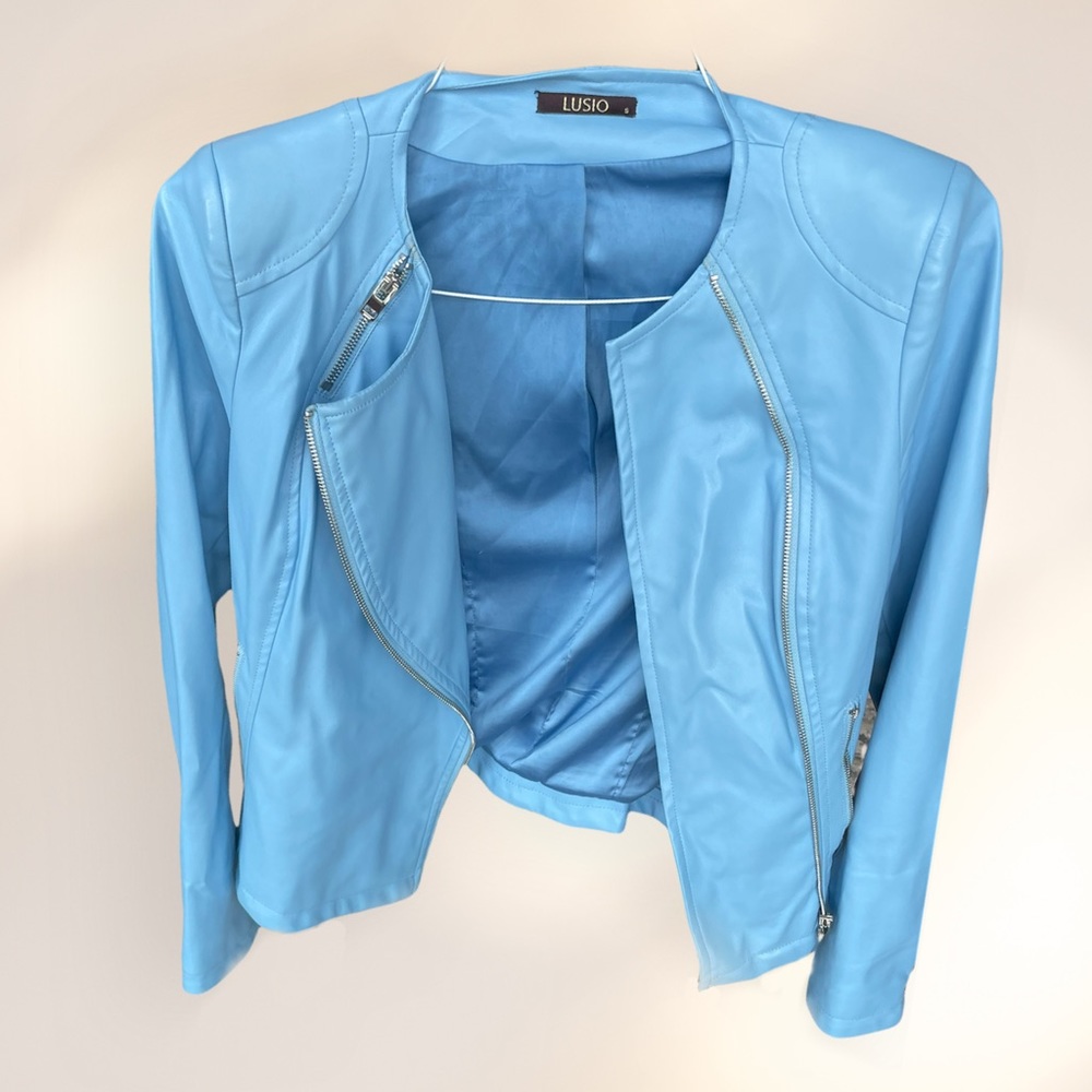 Beautiful blue leather jacket for women. Size S but more like XS